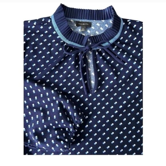Talbots Blue White High Ruffled Collar Tie Neck Blouse Size M - Picture 4 of 8